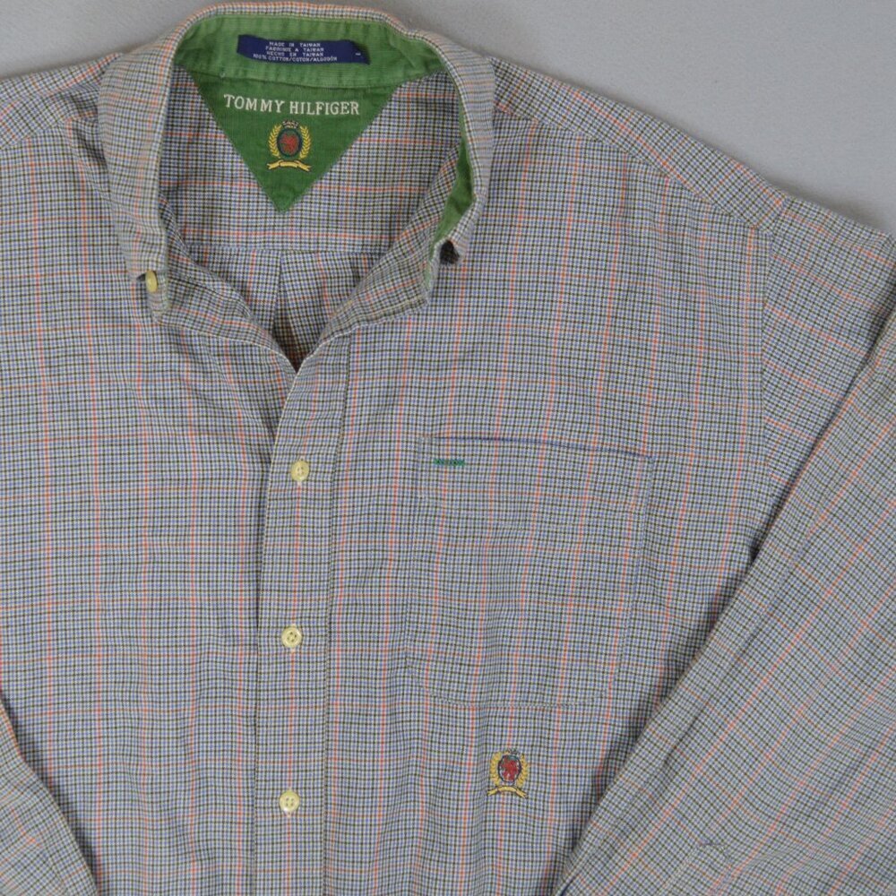 π§’ Tommy Hilfiger Crest Logo Plaid Button Down Shirt Menβs L Preppy - Picture 3 of 10